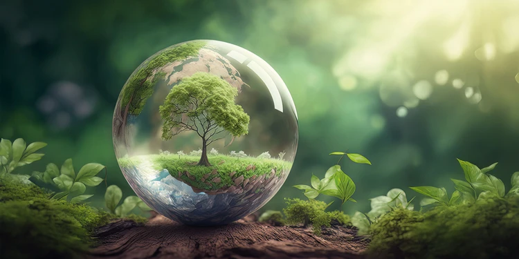 immagine di un albero dentro una sfera trasparente in un paesaggio naturale per ddare lidea di sostenibilità e certificazioni ambientali